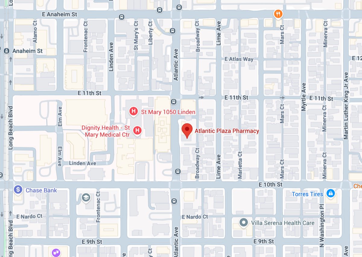 Map showing Atlantic Plaza Pharmacy at 1050 Atlantic Ave, one block from St. Mary Medical Center